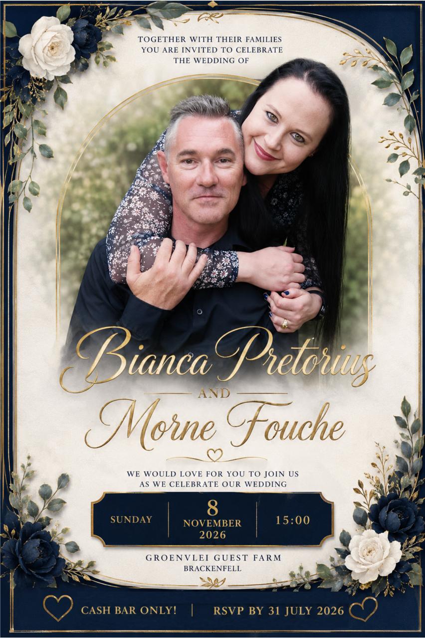 Wedding invitation for Bianca Pretorius and Morne Fouche, Sunday 8 November 2026 at Groenveldt Guest Farm, Brackenfell